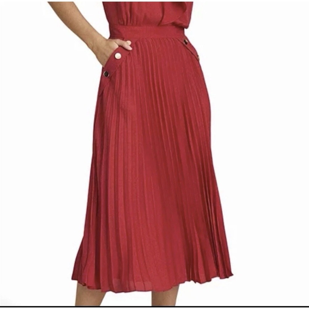 Reiss Red Pleated Halter Midi Dress Berry Pink Gold Button Detail Size 4 - Picture 5 of 14